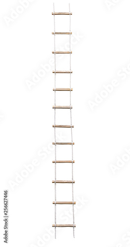 Long rope wooden step ladder isolated on white background