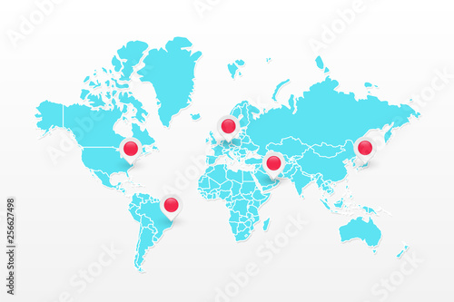 Vector world map infographic symbol. Blue icon with red map pointers. International global illustration sign. Design elements for business, global marketing project, web, presentation, template
