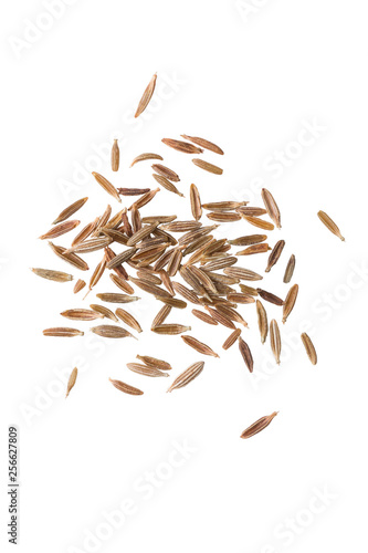 Heap of zira seeds isolated on white background. Top view