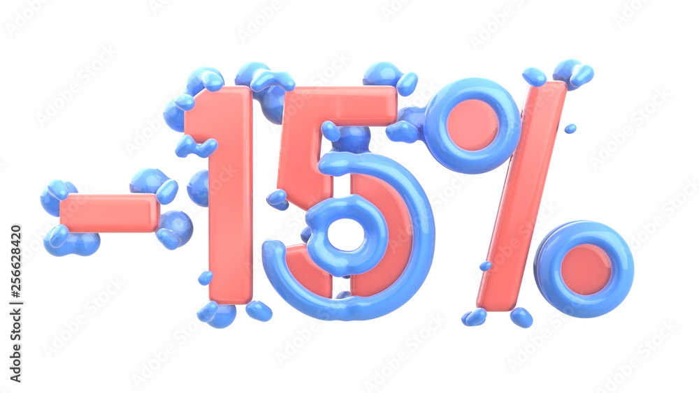 The sign -15off. Made of trendy pink shiny material with blue plastic parts isolate on white background. 3d illustration The sign -15off. Made of trendy pink shiny material with blue plastic parts isolate on white background. 3d illustration