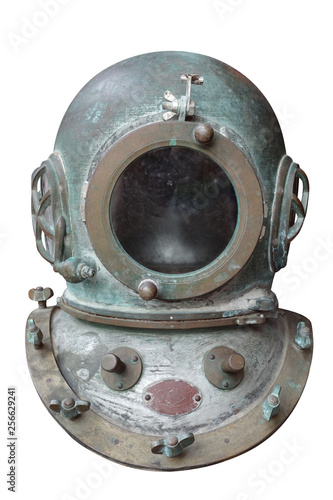 Old rusty vintage diver metal helmet isolated on white background with clipping path
