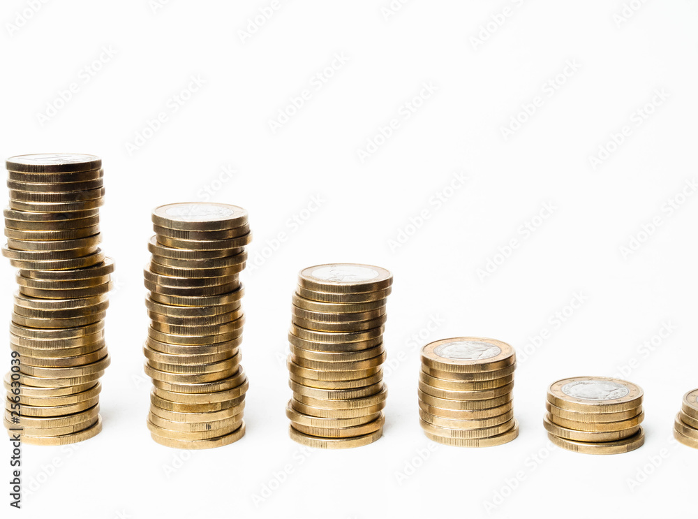 towers of coins isolated on white background, studio shot towers of coins isolated on white background, studio shot