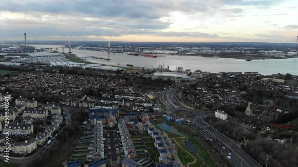 Aerial view of Darford Crossing and Thames river from above Greenhithe, Kent at sunset Aerial view of Darford Crossing and Thames river from above Greenhithe, Kent at sunset