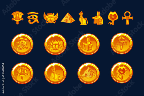 Egypt icons coins and design elements isolated. Collection of ancient Egypt icons - pyramid, scarab, cat, Sphinx, eye, wolf, pharaoh, ornament.