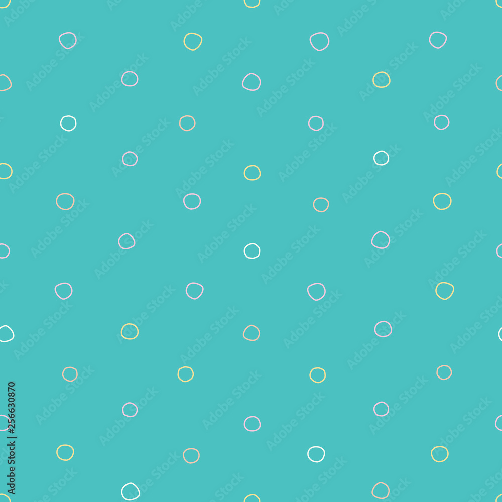Colorful irregular polka dots circles vector seamless pattern. Trendy seamless pattern. Pink,yellow, orange circles on turquoise background. Vector illustration. Surface pattern design.