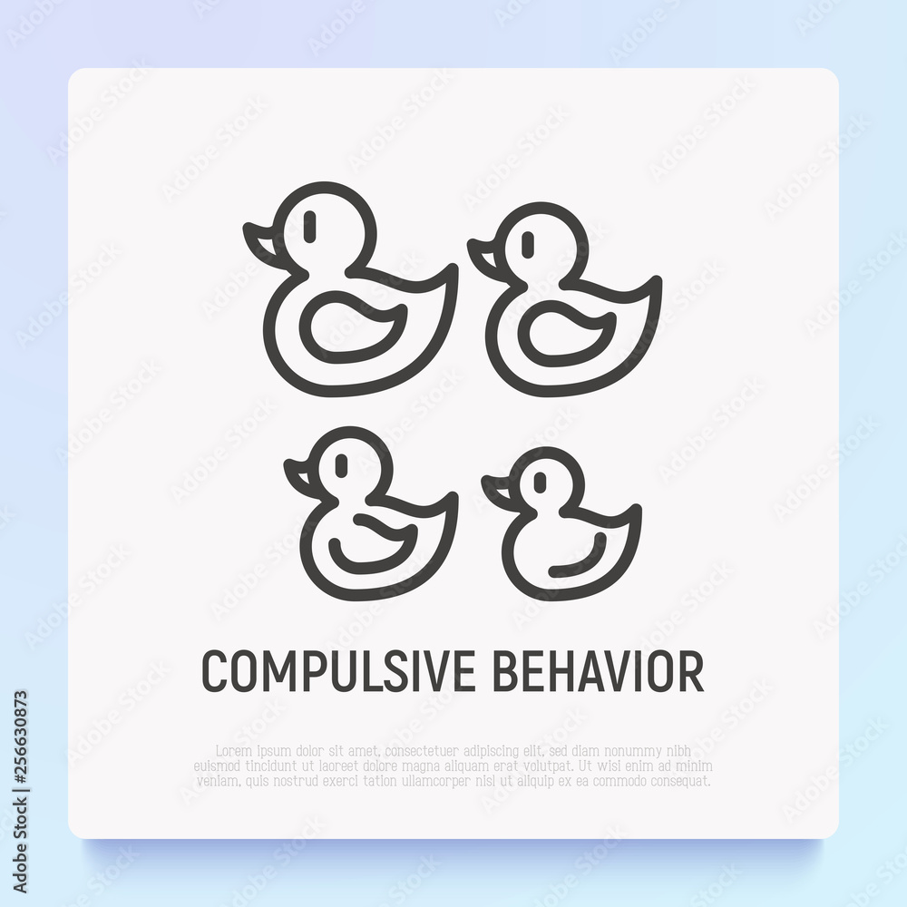 Compulsive behavior symbol. Maniс addiction from orderliness thin line icon: ducks arranged by size. Modern vector illustration. Compulsive behavior symbol. Maniс addiction from orderliness thin line icon: ducks arranged by size. Modern vector illustration.