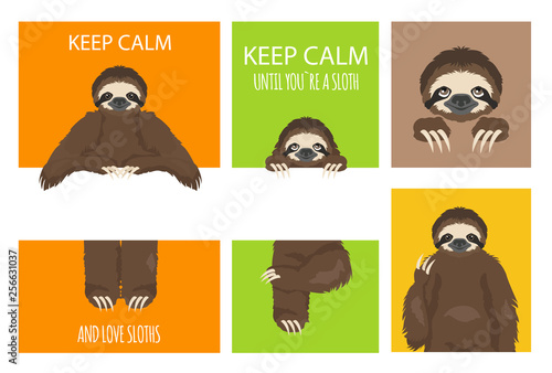 Sloth greeting collection with place for text. Funny cartoon animals in different postures set