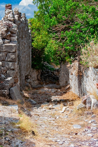 Ruins of ancient fortress in the city of Old Bar in Montenegro. Stone walls.