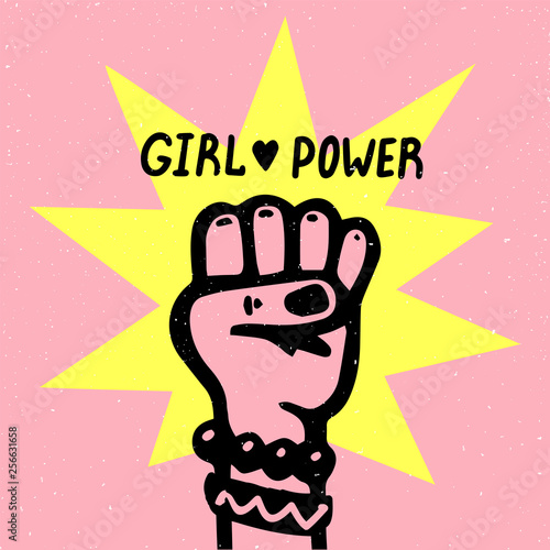 Girl power movement. Doodle style Girl portraits and feminist slogan grl pwr on white background. Feminist movement, protest action, girl power. Vector illustration.