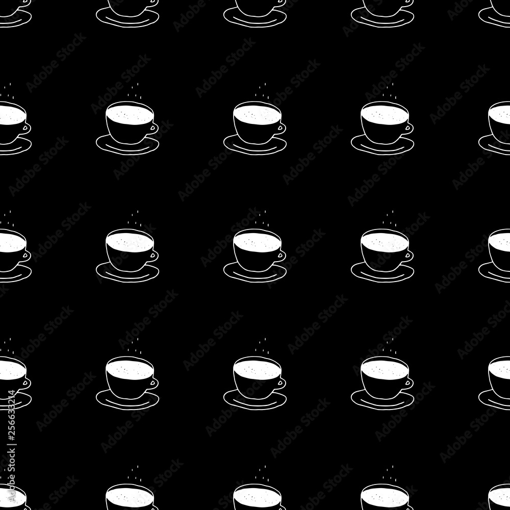 Cute cartoon coffee cup background with hand drawn coffee cups. Sweet