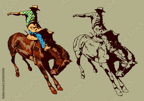  cowboy riding a wild horse mustang rounding a kicking horse on a rodeo graphic sketch sketching graphics