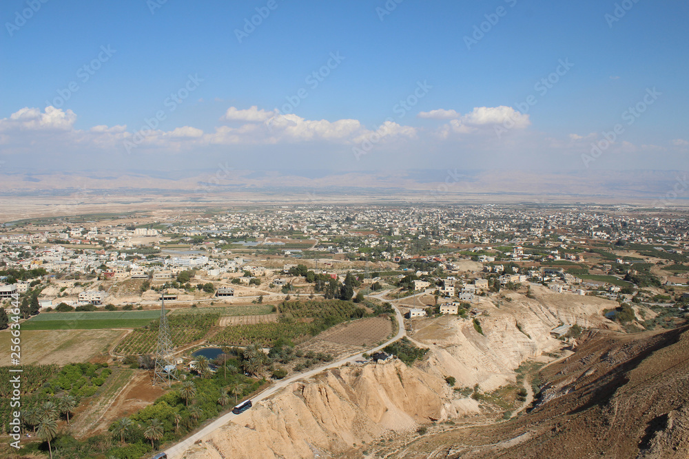 Panoramic view on the Jericho valley from the Monastery Of The Temptation where Jesus resisted the temptations of Satan after fasting for 40 days in the desert In Jericho, Palestine
