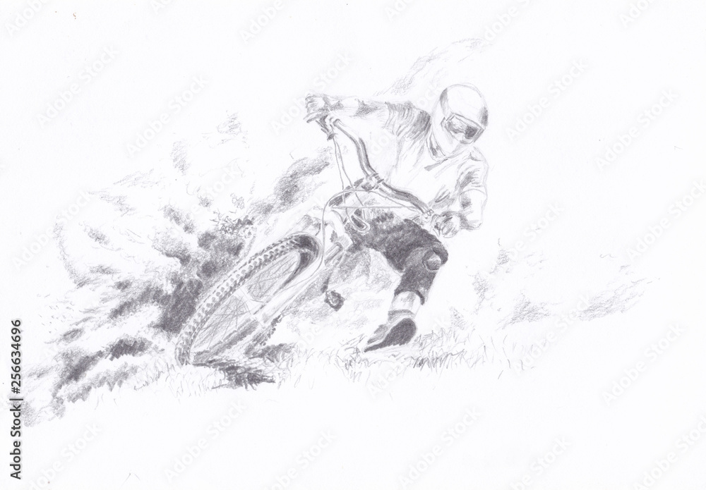 Pencil drawing of a downhill  mountain biker
