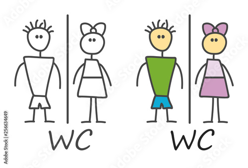 Child style funny doodle cartoon male,female symbol in in black and white and color style. Wc icon. Vector toilet and restroom icon. Bathroom vector. 