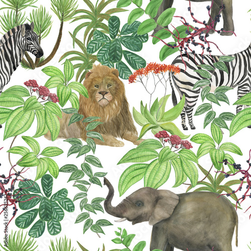 Watercolor painting seamless pattern with beautiful tropical flowers and african animals: zebra, elephant, lion