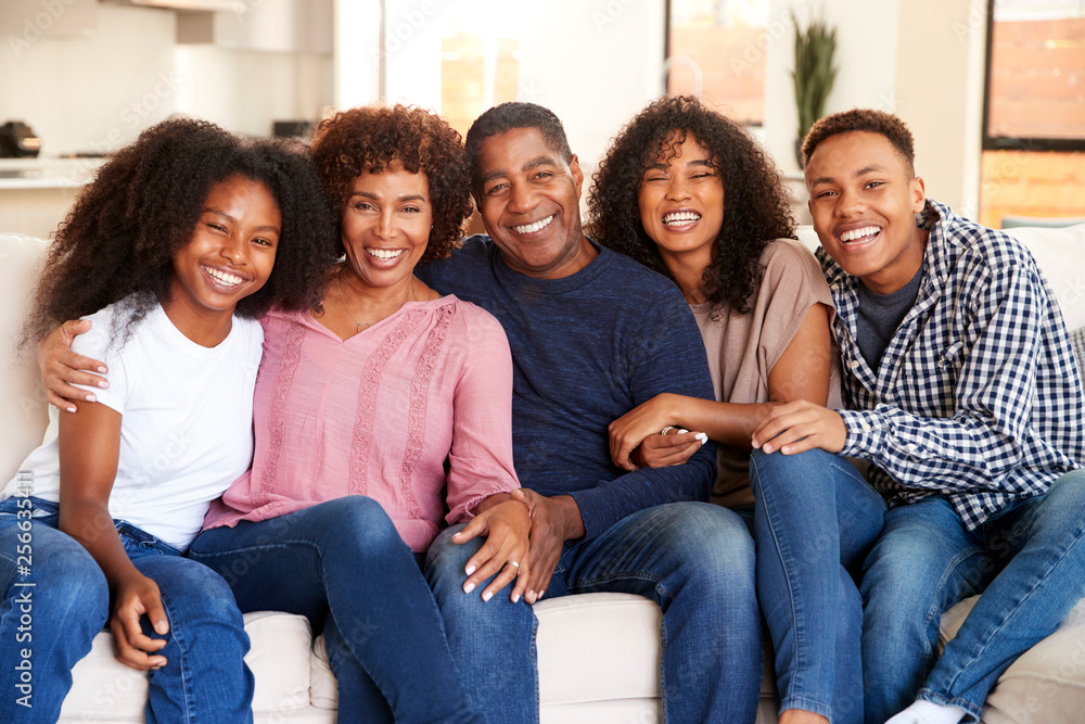 Middle aged parents sitting at home with their teen and young adult kids, smiling to camera Middle aged parents sitting at home with their teen and young adult kids, smiling to camera