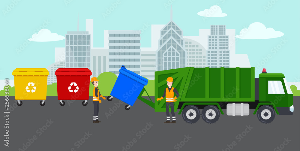 Garbage removal by happy workers. City landscape and containers with waste for recycling and sorting garbage concept. Waste management. Garbage truck and trash bins. Vector isolated illustration.