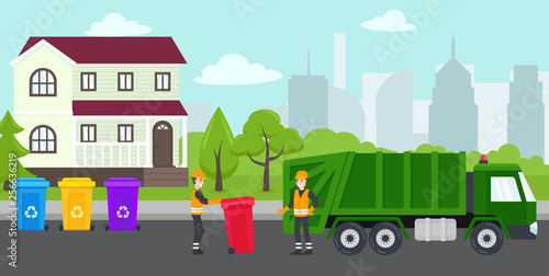 Garbage removal by happy workers. Suburb landscape and containers with waste for recycling and sorting garbage concept. Waste management. Garbage truck and trash bins.Vector isolated illustration.