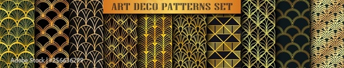 Art Deco Patterns set collection. Golden luxury backgrounds. Fan scales ornaments. Geometric decorative digital papers. Vector line design. 1920-30s motifs