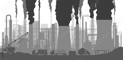 Panoramic industrial silhouette landscape. Smoking factory pipes. Plant pipes, sky with sun. Carbon dioxide emissions. Environment contamination. Pollution of environment co2. Vector illustration