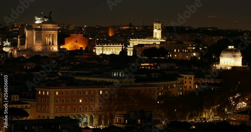 Time Lapse, Rome aerial night view of historical center,traffic, roofs and monuments. Synagogue, Capitol, tower, venice square.