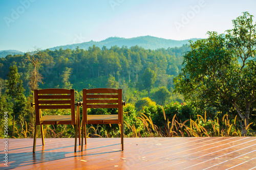 Two chairs on balcony for seeing mountain view