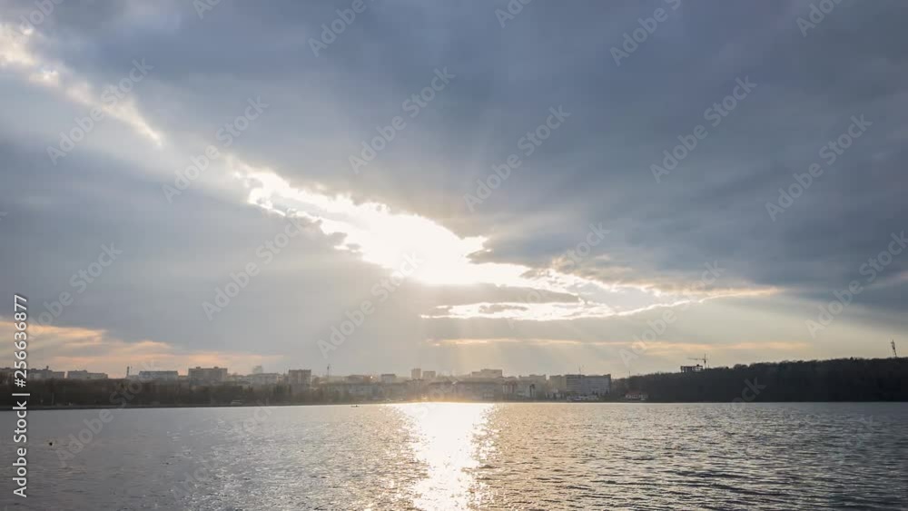 Incredible sun rays moving over city lake landscape. Time lapse Incredible sun rays moving over city lake landscape. Time lapse