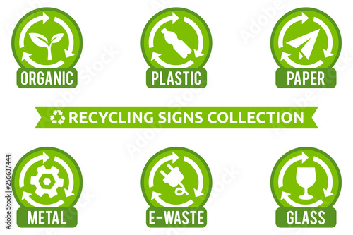 Recycling signs collection. Vector signs collection for different types of waste: organic, plastic, e-waste, glass, metal. Isolated recycling icons. Set of stickers for garbage containers.
