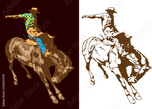 Print cowboy riding a wild horse mustang rounding a kicking horse on a rodeo graphic sketch sketching graphics