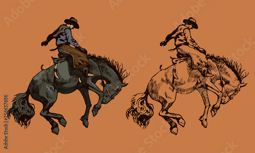 Print cowboy riding a wild horse mustang rounding a kicking horse on a rodeo graphic sketch sketching graphics