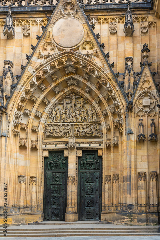 Prague, Czech Republic. Gothic style West entrance doors and main portal of St. Vitus Cathedral, part of the Prague Castle complex.