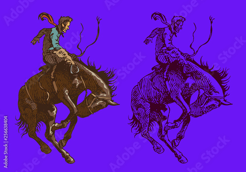 Print cowboy riding a wild horse mustang rounding a kicking horse on a rodeo graphic sketch sketching graphics