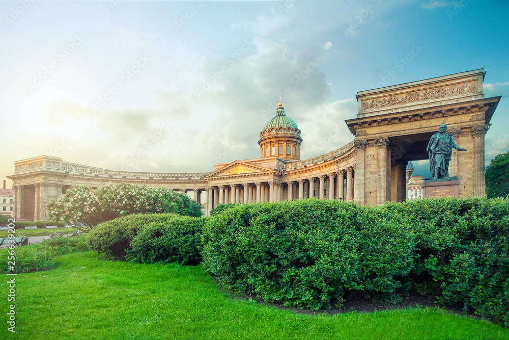 Kazan Cathedral in St. Petersburg under a blue sky with clouds