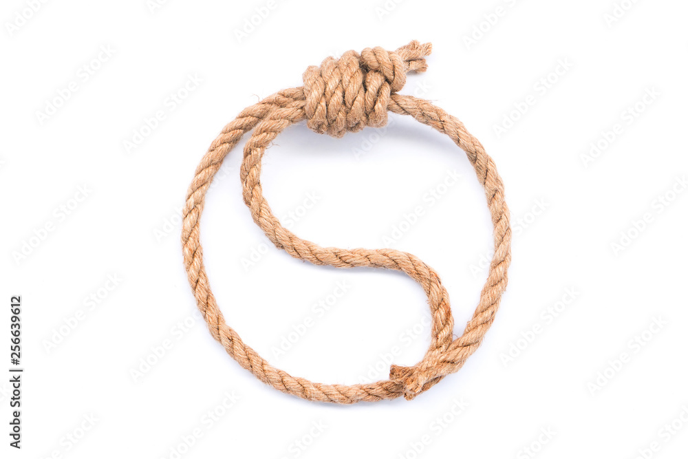 Yin Yang shaped gallows suicide rope knot on white background
