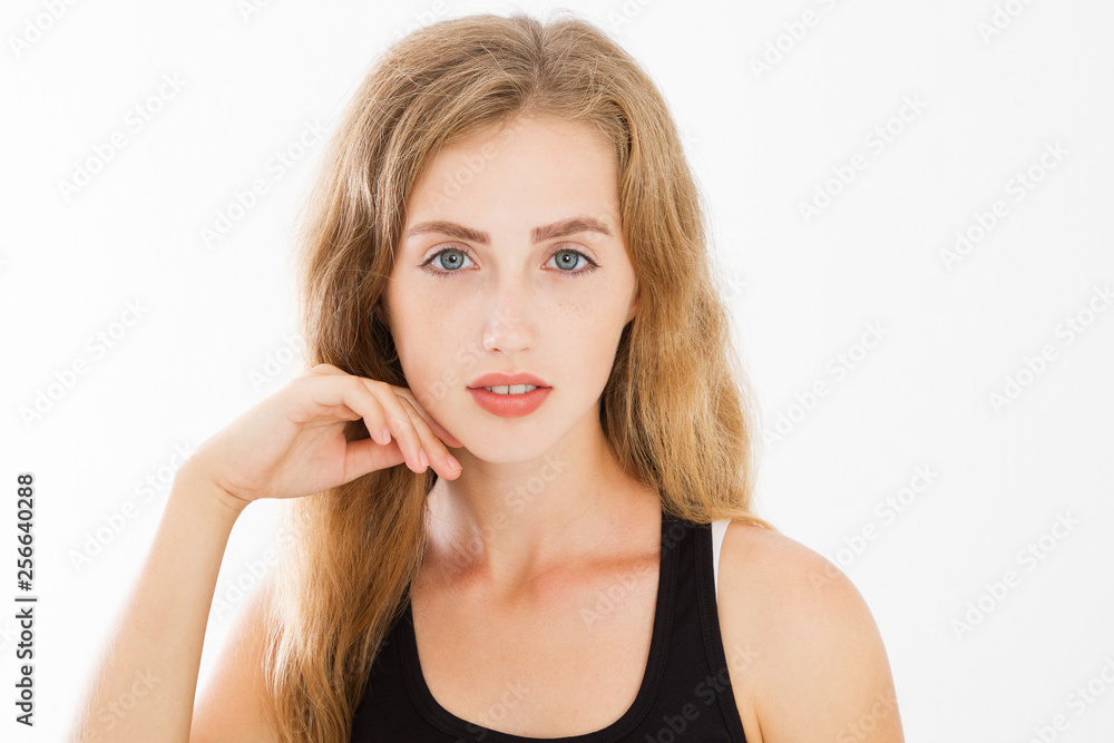 Blonde girl with long and shiny wavy hair style isolated on white background. Young woman facial treatment. Cosmetology and skin care, beauty and spa concept. Copy space Blonde girl with long and shiny wavy hair style isolated on white background. Young woman facial treatment. Cosmetology and skin care, beauty and spa concept. Copy space