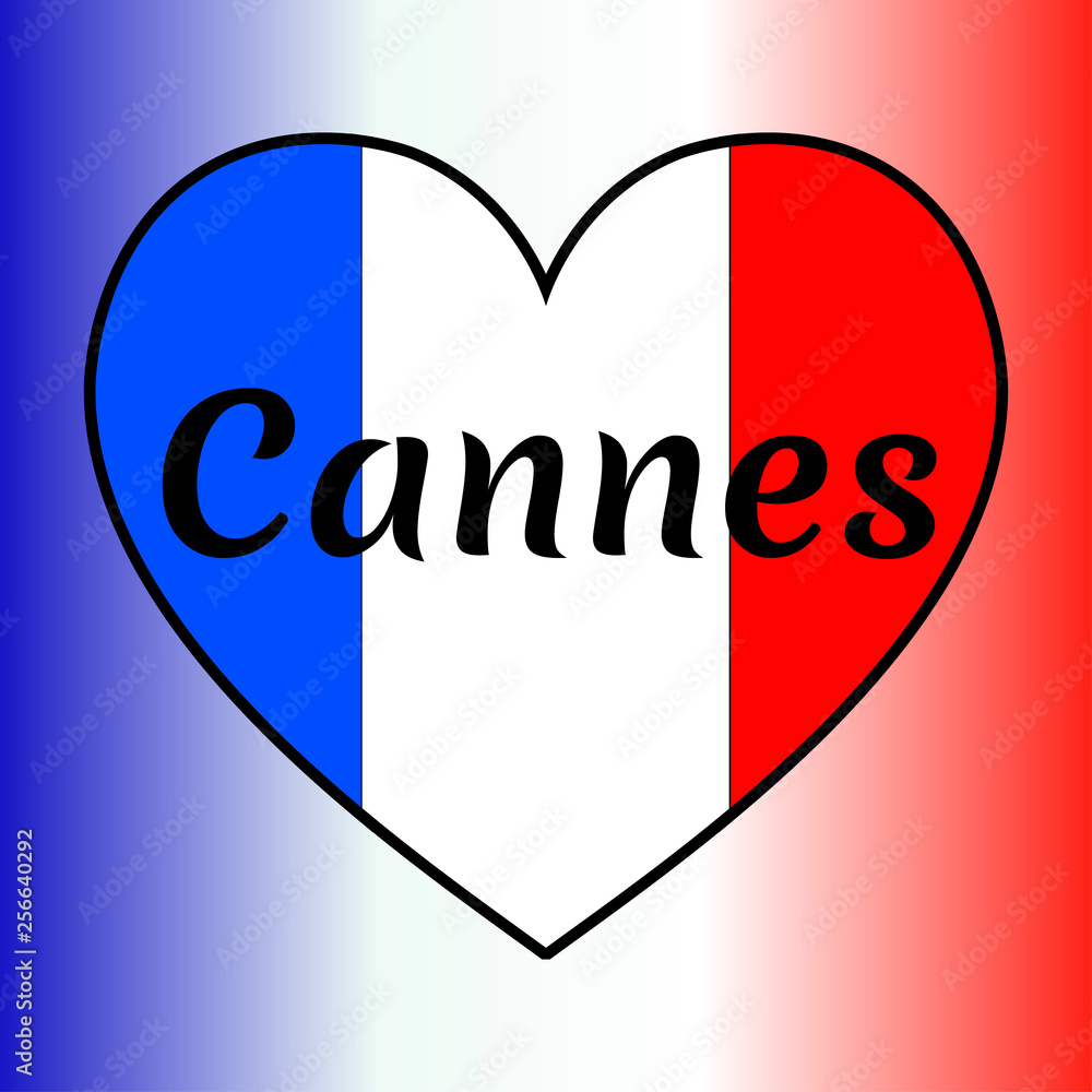 Heart shaped France flag with inscription of city name: Cannes. French national colors flag gradient on the background. Vector EPS10 illustration. Heart shaped France flag with inscription of city name: Cannes. French national colors flag gradient on the background. Vector EPS10 illustration.