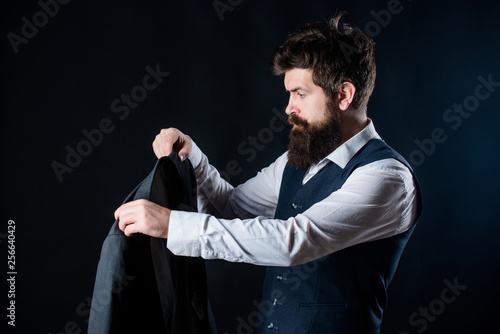 Designing new clothes. Working on trending designs. Designer tailoring suit. Mature hipster with beard. brutal with moustache. Tailor businessman in suit. Male formal fashion. Bearded man gentleman