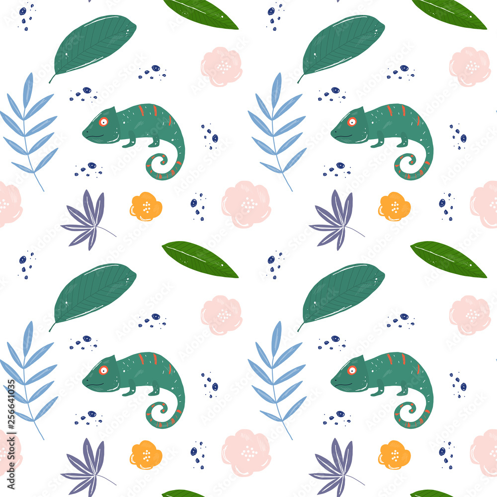 Tropical leaves and hameleons pattern