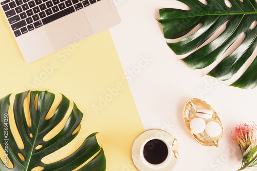 Flat lay and top view of woman desk with laptop, decorated with palm leaf. Fe...