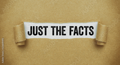 Konstfotografi Torn brown paper revealing the words Just the facts