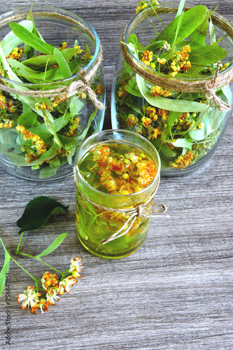 Linden flowers in a glass jar. Harvesting of linden tea. Linden tea. Healing herbal tea.