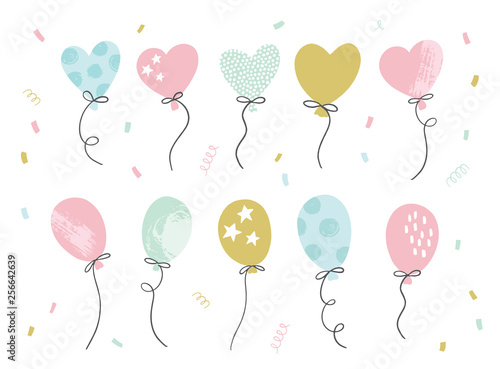 Set of hand drawn party balloons and confetti. Birthday decorations.  Vector illustration for greeting cards, invitations, posters. 
