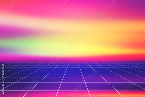 Abstract Trendy Colored background with perspective grid. Synthwave. Vaporwave style. Retrowave, retro futurism. 3D illustration