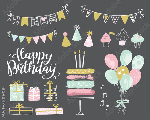 Set of vector hand drawn birthday party design elements. Party decoration, balloons, gift box, cake with candles, confetti, party hats, cupcakes, bunting banners.