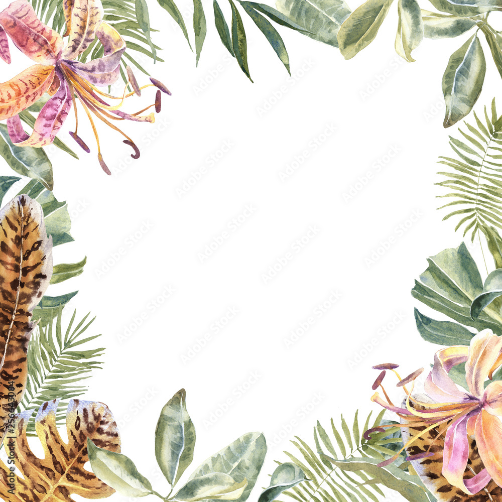 Naklejka premium Lili Flowers animal skin print, tropical leaves Frame. Exotic floral Wreath. Tiger print flowers Border