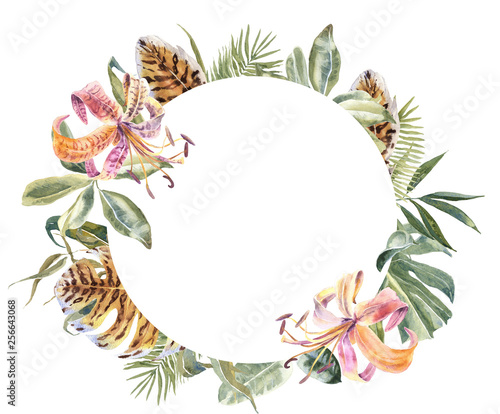 Lili Flowers animal skin print, tropical leaves Frame. Exotic floral Wreath. Tiger print flowers Border
