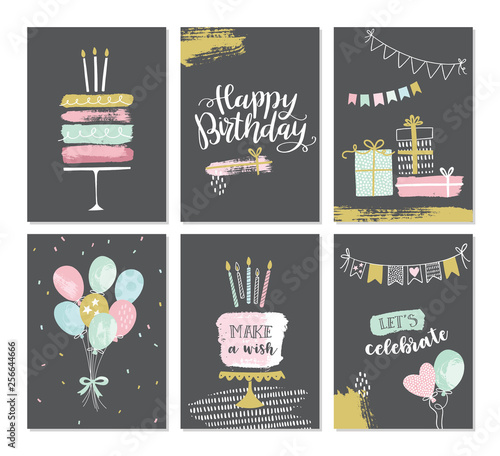 Set of birthday greeting cards design in hand drawn grungy style. Vector illustration for cards, invitations, posters. 