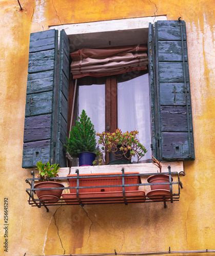 Venice / Italy 19 february 2019 :traditional window with flowers in venice street,the photo is showing the road to the light through darkness