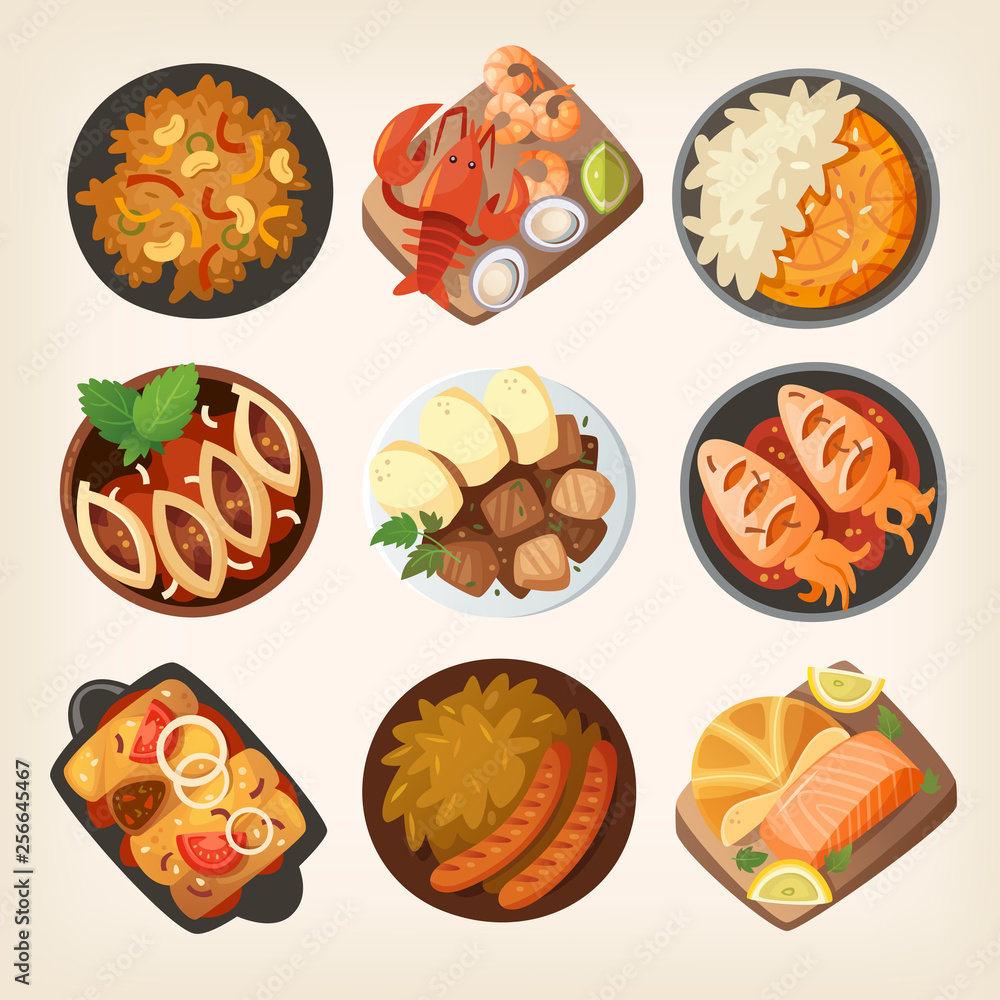 Fototapeta premium Dinner table closeup. Top view on classic dinner dishes from different countries of the world. Food from national cuisines on a table. View from above. Isolated vector illustrations.