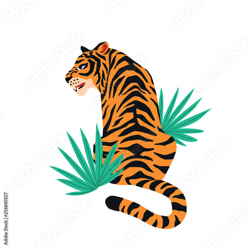 Vector card with cute tiger on white background and tropical leaves. Beautiful animal print design for t-shirt.